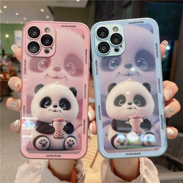 For iPhone 15 Pro Max Tempered Glass+TPU Milk Tea Panda Pattern Cell Phone Case with Lens Film
