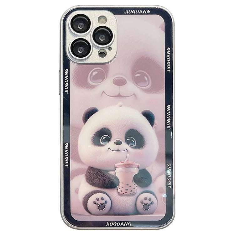 For iPhone 15 Pro Max Tempered Glass+TPU Milk Tea Panda Pattern Cell Phone Case with Lens Film