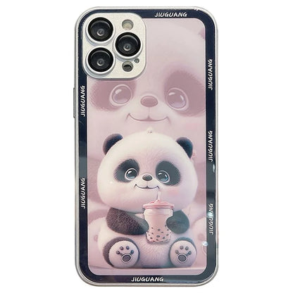 For iPhone 15 Pro Max Tempered Glass+TPU Milk Tea Panda Pattern Cell Phone Case with Lens Film