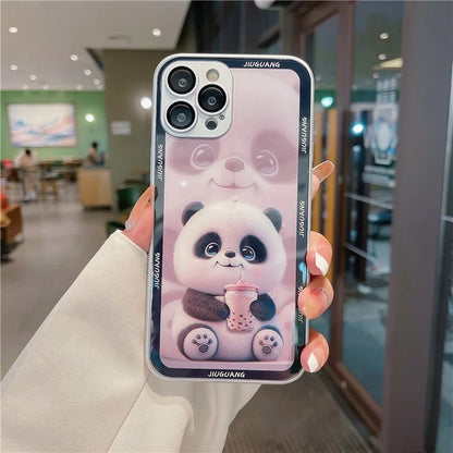 For iPhone 15 Pro Max Tempered Glass+TPU Milk Tea Panda Pattern Cell Phone Case with Lens Film