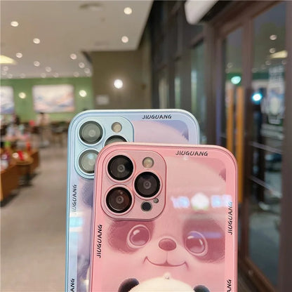 For iPhone 15 Pro Max Tempered Glass+TPU Milk Tea Panda Pattern Cell Phone Case with Lens Film