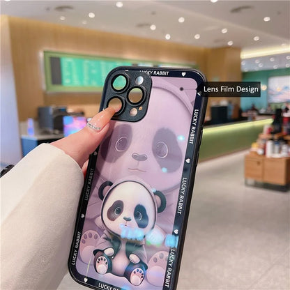 Cell Phone Cases for iPhone 15 Pro Max Cover Shadow Panda Pattern Tempered Glass+TPU Shell