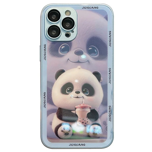 Cell Phone Cases for iPhone 15 Pro Milk Tea Panda Pattern Tempered Glass+TPU Cover with Lens Film