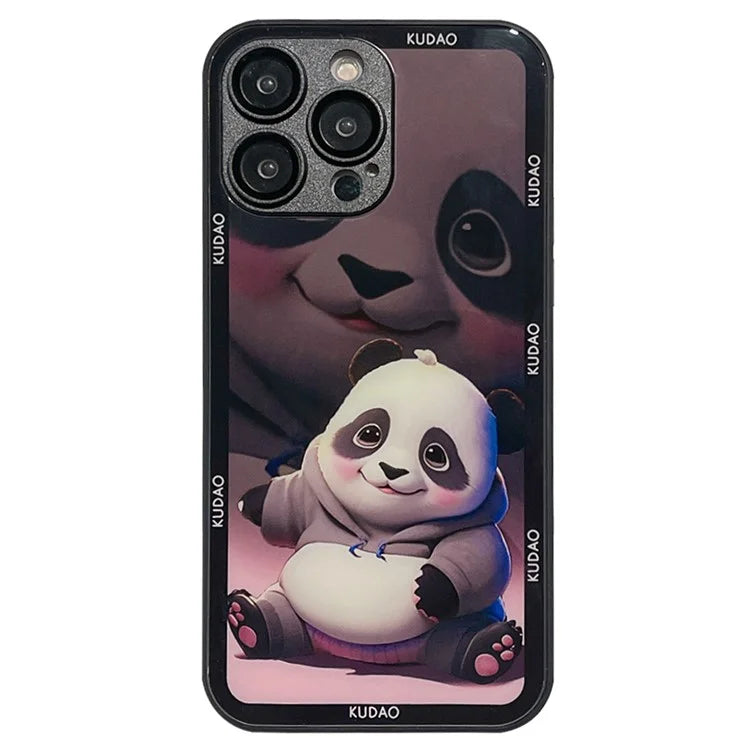 Cell Phone Cases for iPhone 15 Pro Max Panda Pattern Tempered Glass+TPU Cover with Lens Film