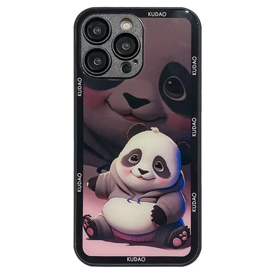 Cell Phone Cases for iPhone 15 Pro Max Panda Pattern Tempered Glass+TPU Cover with Lens Film