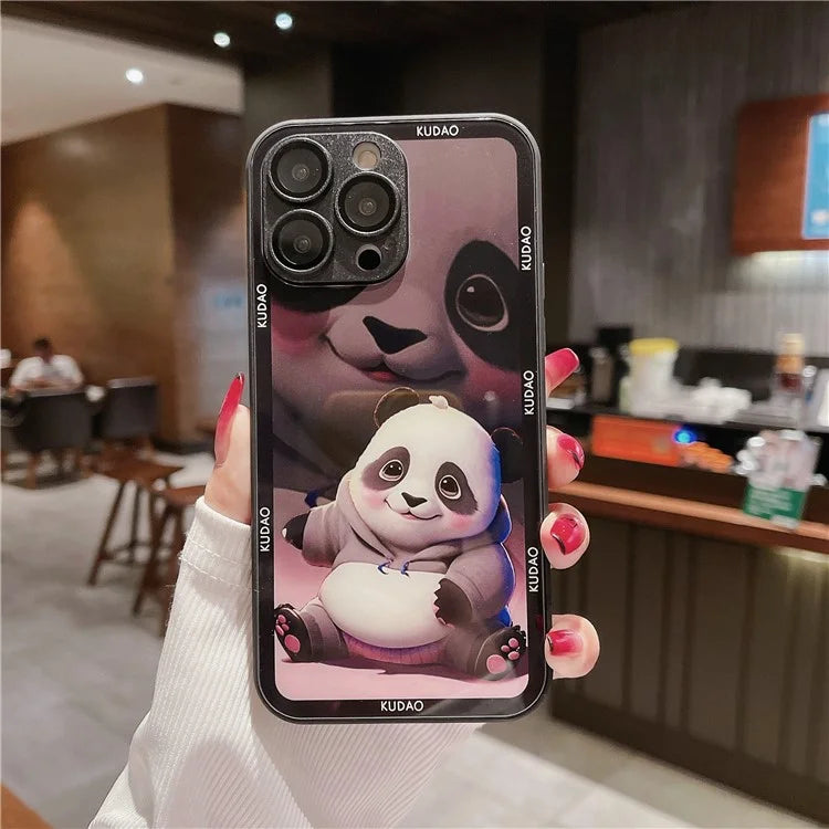 Cell Phone Cases for iPhone 15 Pro Max Panda Pattern Tempered Glass+TPU Cover with Lens Film