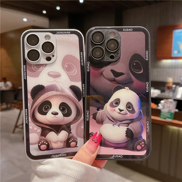 Cell Phone Cases for iPhone 15 Pro Max Panda Pattern Tempered Glass+TPU Cover with Lens Film