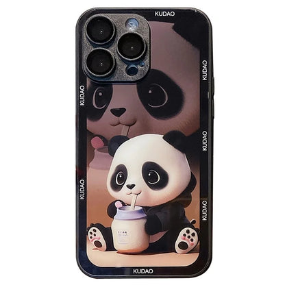 Cell Phone Cases for iPhone 15 Pro Max Panda Pattern Tempered Glass+TPU Cover with Lens Film