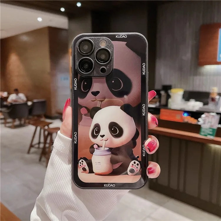 Cell Phone Cases for iPhone 15 Pro Max Panda Pattern Tempered Glass+TPU Cover with Lens Film