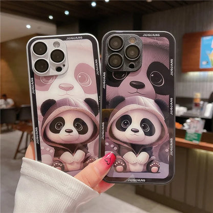 Cell Phone Cases for iPhone 15 Pro Max Panda Pattern Tempered Glass+TPU Cover with Lens Film