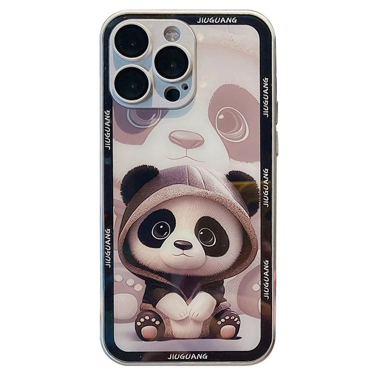 Cell Phone Cases for iPhone 15 Pro Max Panda Pattern Tempered Glass+TPU Cover with Lens Film