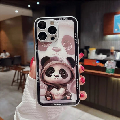 Cell Phone Cases for iPhone 15 Pro Max Panda Pattern Tempered Glass+TPU Cover with Lens Film