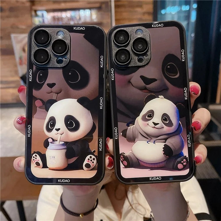 Cell Phone Cases for iPhone 15 Pro Max Panda Pattern Tempered Glass+TPU Cover with Lens Film