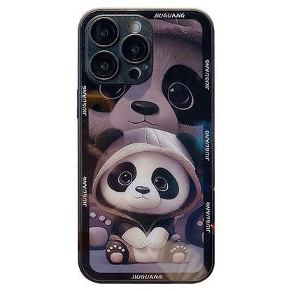 Cell Phone Cases for iPhone 15 Pro Max Panda Pattern Tempered Glass+TPU Cover with Lens Film