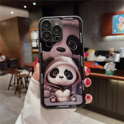 Cell Phone Cases for iPhone 15 Pro Max Panda Pattern Tempered Glass+TPU Cover with Lens Film