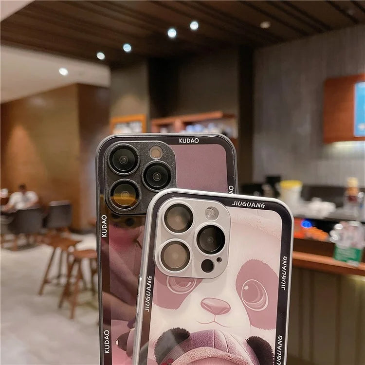 Cell Phone Cases for iPhone 15 Pro Max Panda Pattern Tempered Glass+TPU Cover with Lens Film