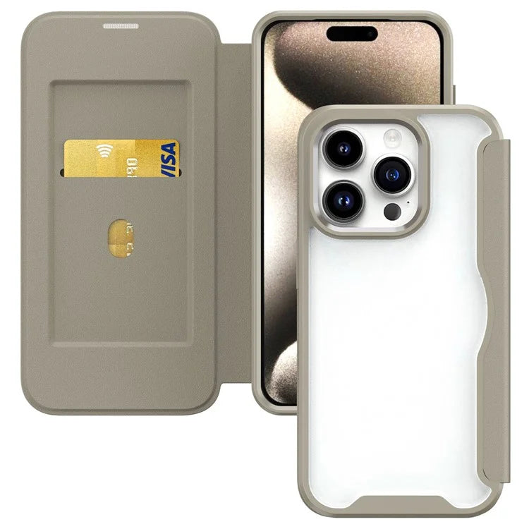 For iPhone 15 Pro Max Case TPU+Acrylic+PU Leather Smart Phone Cover