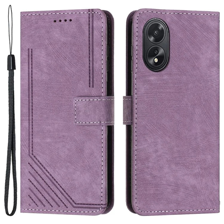 For Oppo A38 4G / A18 4G PU Leather Shell Stand Cover Imprinted Lines Skin-touch Wallet Phone Case