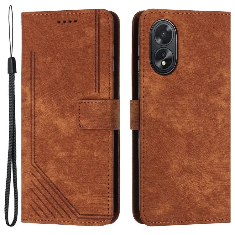 For Oppo A38 4G / A18 4G PU Leather Shell Stand Cover Imprinted Lines Skin-touch Wallet Phone Case