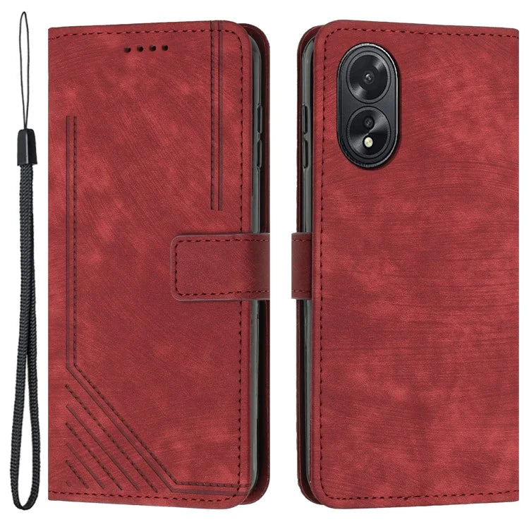 For Oppo A38 4G / A18 4G PU Leather Shell Stand Cover Imprinted Lines Skin-touch Wallet Phone Case