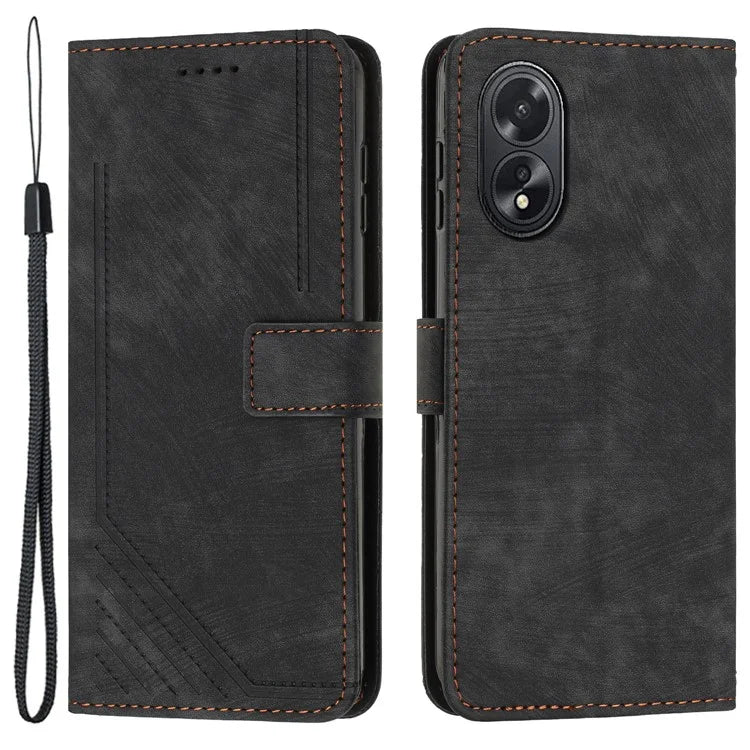 For Oppo A38 4G / A18 4G PU Leather Shell Stand Cover Imprinted Lines Skin-touch Wallet Phone Case