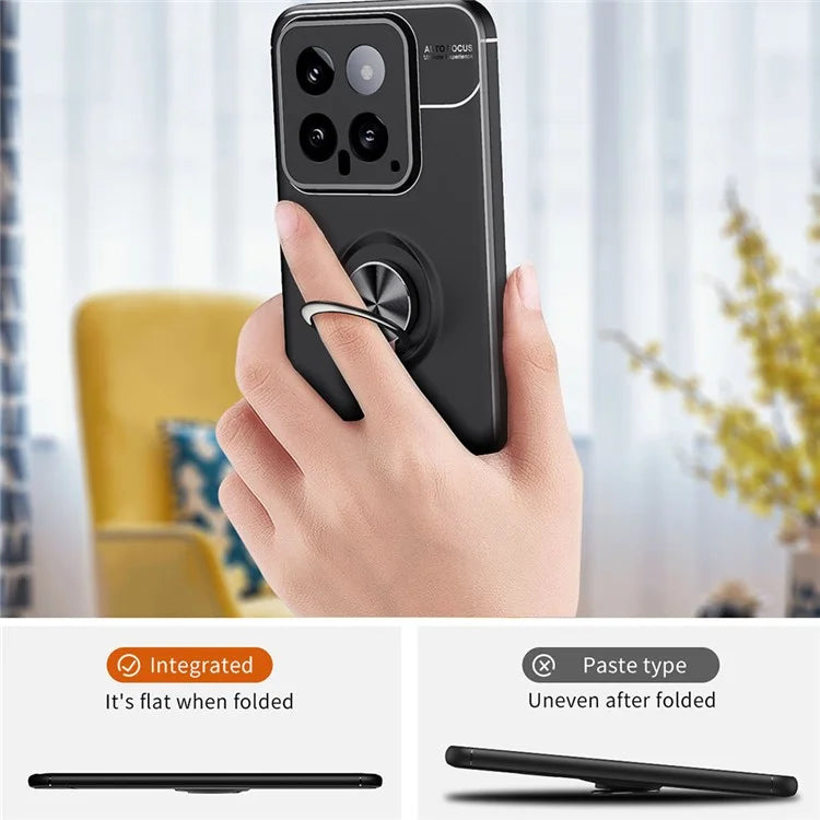 For Xiaomi 14 Case Anti-Scratch Finger Ring Kickstand Flexible TPU Phone Protective Cover  /  Blue