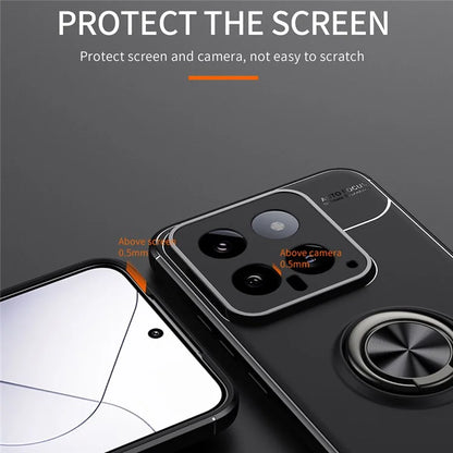 For Xiaomi 14 Case Anti-Scratch Finger Ring Kickstand Flexible TPU Phone Protective Cover  /  Blue