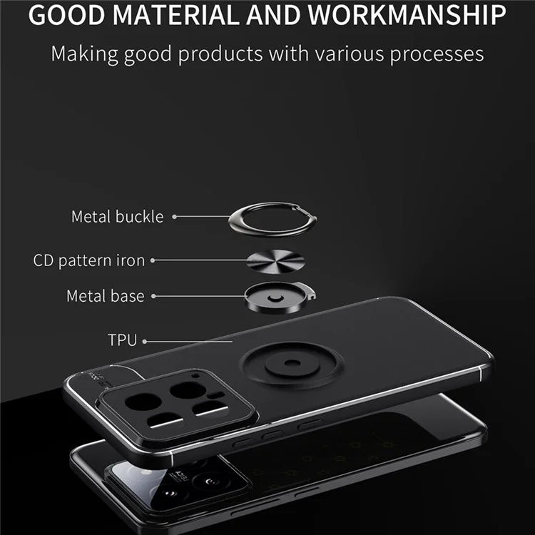 For Xiaomi 14 Case Anti-Scratch Finger Ring Kickstand Flexible TPU Phone Protective Cover  /  Rose Gold