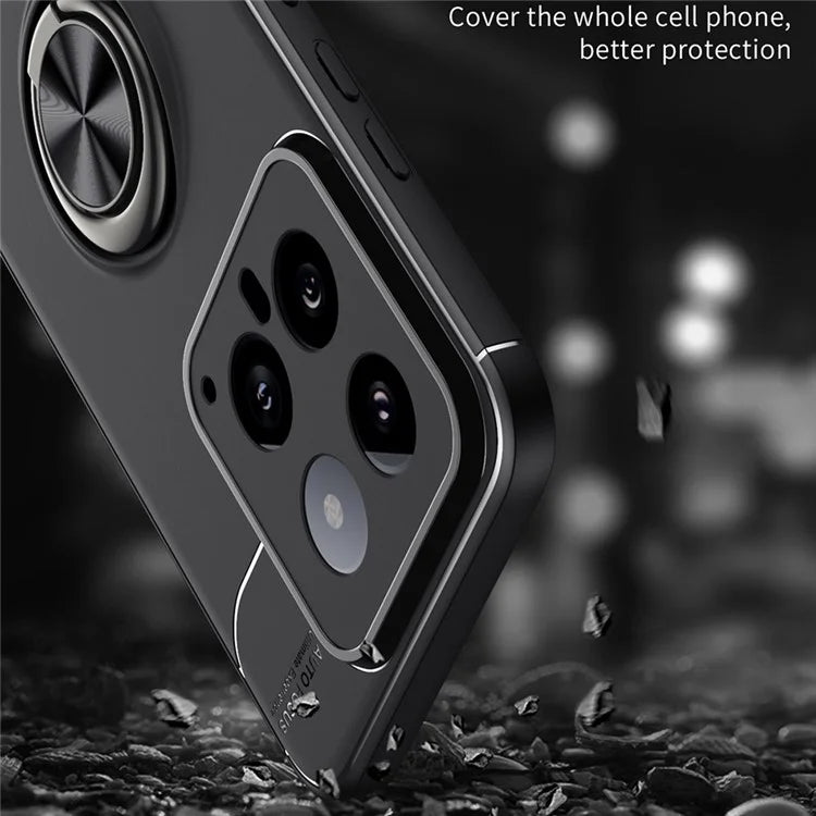 For Xiaomi 14 Case Anti-Scratch Finger Ring Kickstand Flexible TPU Phone Protective Cover  /  Rose Gold