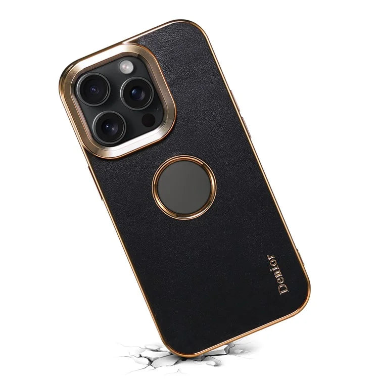 DENIOR For iPhone 14 Pro Max Case PC+TPU+Genuine Cow Leather Electroplating Phone Cover