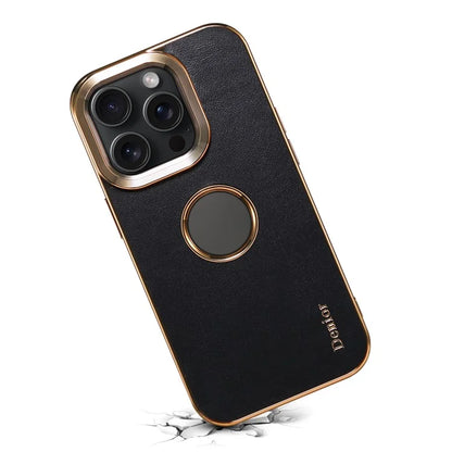 DENIOR For iPhone 14 Pro Max Case PC+TPU+Genuine Cow Leather Electroplating Phone Cover