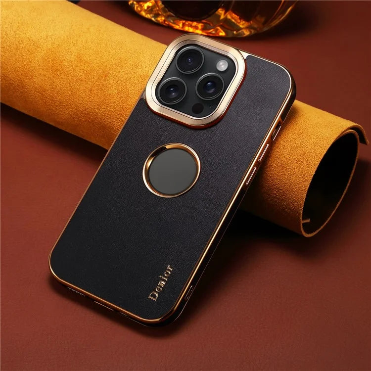 DENIOR For iPhone 14 Pro Max Case PC+TPU+Genuine Cow Leather Electroplating Phone Cover