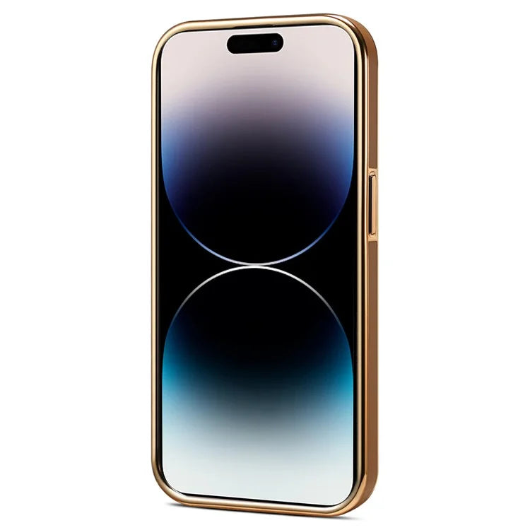 DENIOR For iPhone 14 Pro Max Case PC+TPU+Genuine Cow Leather Electroplating Phone Cover