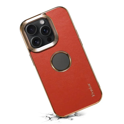 DENIOR For iPhone 14 Pro Max Case PC+TPU+Genuine Cow Leather Electroplating Phone Cover