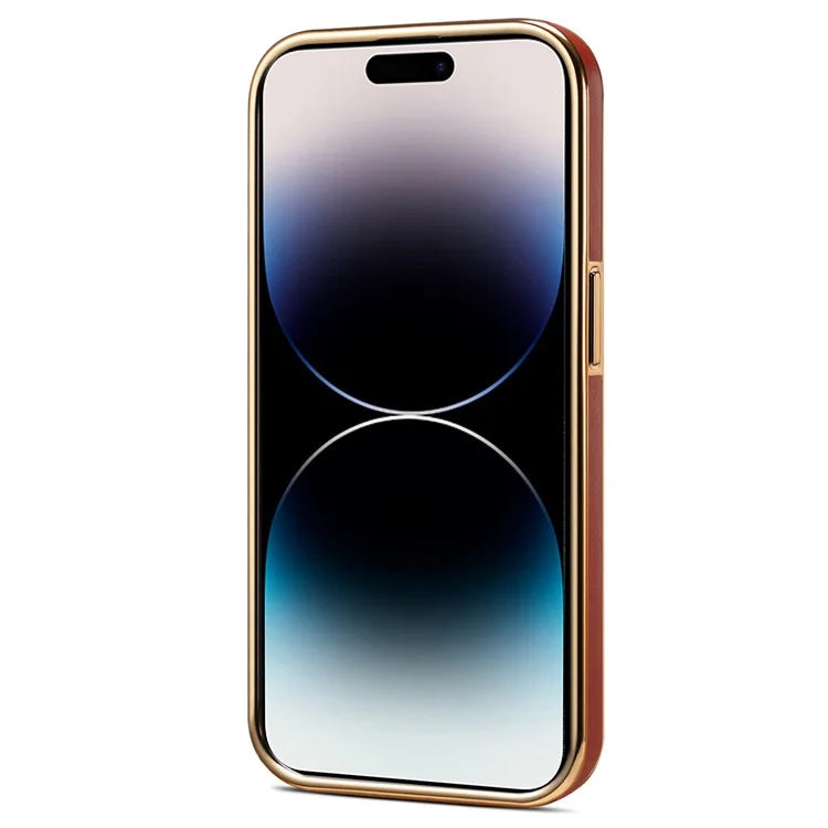 DENIOR For iPhone 14 Pro Max Case PC+TPU+Genuine Cow Leather Electroplating Phone Cover