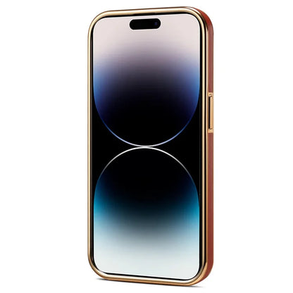 DENIOR For iPhone 14 Pro Max Case PC+TPU+Genuine Cow Leather Electroplating Phone Cover