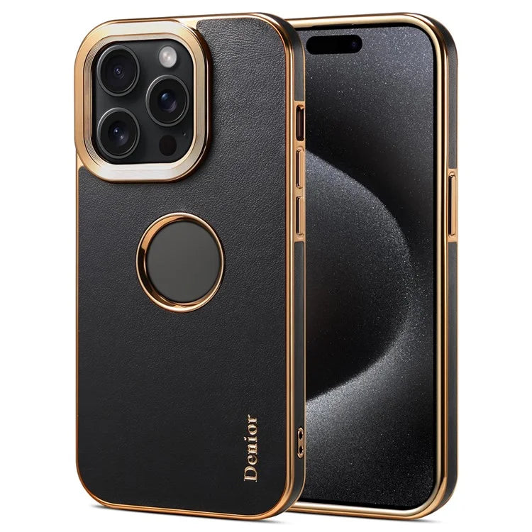 DENIOR For iPhone 15 Pro Phone Case Anti-drop PC+TPU+Genuine Cow Leather Calf Texture Cover