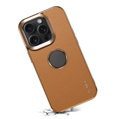 DENIOR For iPhone 15 Pro Phone Case Anti-drop PC+TPU+Genuine Cow Leather Calf Texture Cover