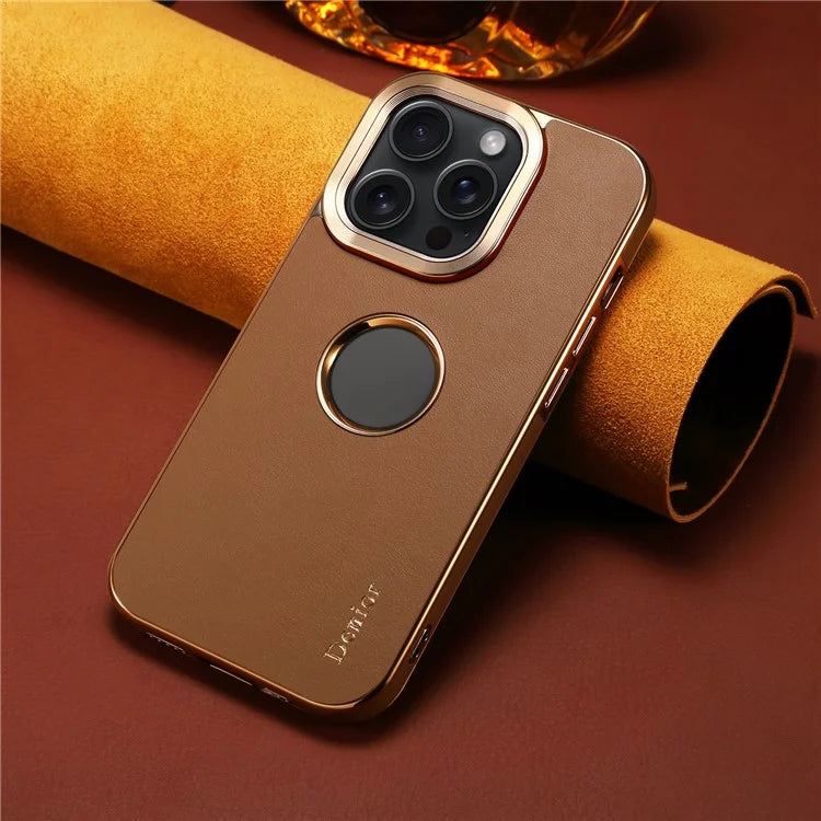 DENIOR For iPhone 15 Pro Phone Case Anti-drop PC+TPU+Genuine Cow Leather Calf Texture Cover