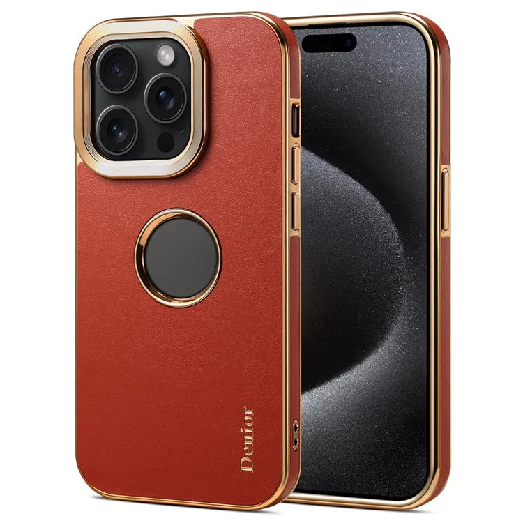 DENIOR For iPhone 15 Pro Phone Case Anti-drop PC+TPU+Genuine Cow Leather Calf Texture Cover