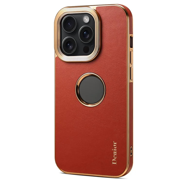 DENIOR For iPhone 15 Pro Phone Case Anti-drop PC+TPU+Genuine Cow Leather Calf Texture Cover