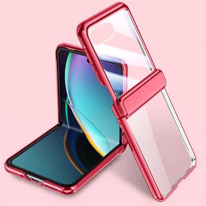 For Motorola Razr 40 Ultra 5G Clear Case Hinge Electroplating PC Phone Cover with Rear Small Screen Protector
