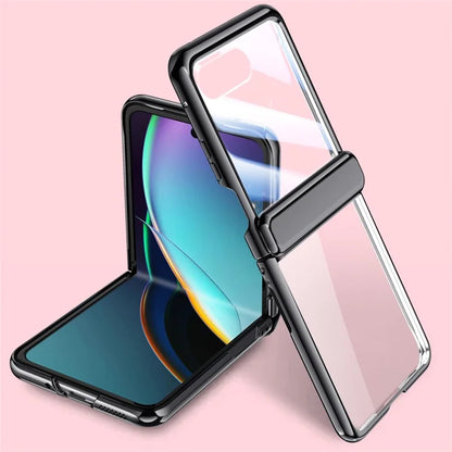 For Motorola Razr 40 Ultra 5G Clear Case Hinge Electroplating PC Phone Cover with Rear Small Screen Protector