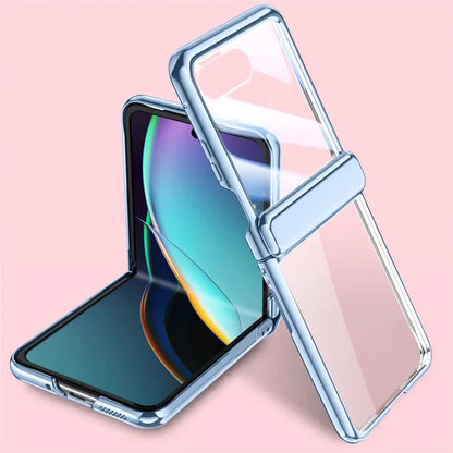 For Motorola Razr 40 Ultra 5G Clear Case Hinge Electroplating PC Phone Cover with Rear Small Screen Protector