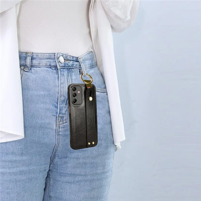 For Samsung Galaxy A15 4G Cell Phone Case PU Leather+PC+TPU Bottle Opener Wristband Cover