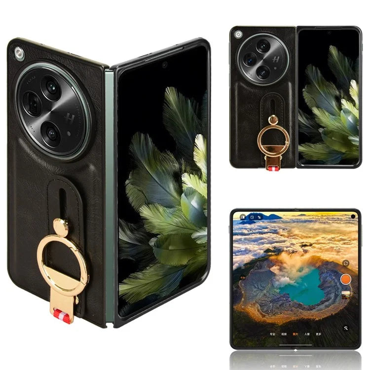 For OnePlus Open Back Cover PU Leather+PC Bottle Opener Ring Phone Cover
