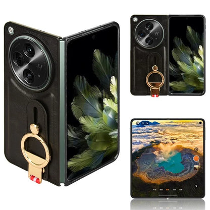 For OnePlus Open Back Cover PU Leather+PC Bottle Opener Ring Phone Cover