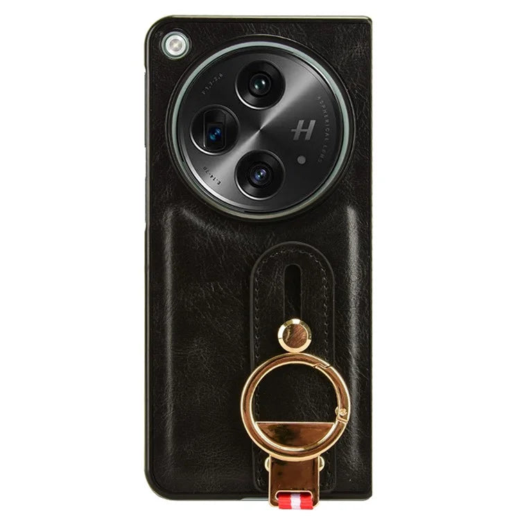 For OnePlus Open Back Cover PU Leather+PC Bottle Opener Ring Phone Cover
