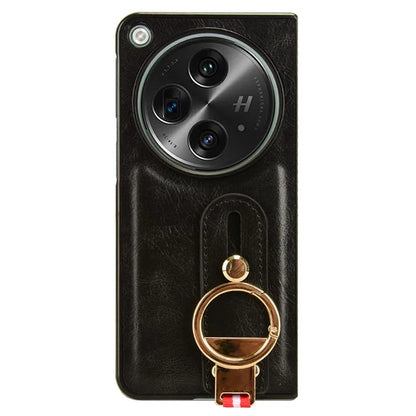 For OnePlus Open Back Cover PU Leather+PC Bottle Opener Ring Phone Cover