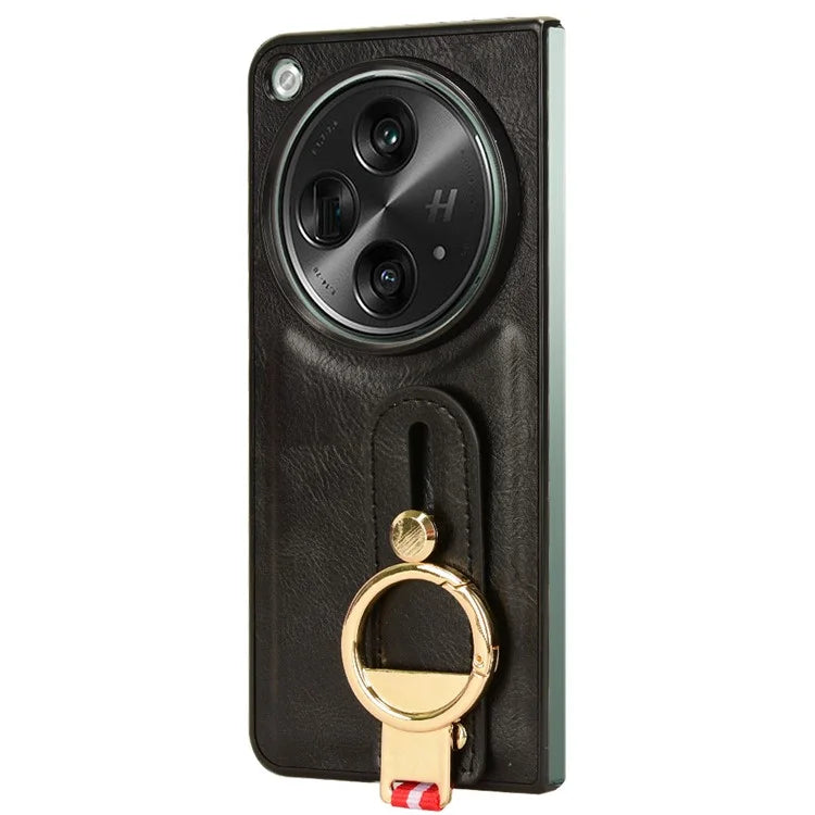 For OnePlus Open Back Cover PU Leather+PC Bottle Opener Ring Phone Cover